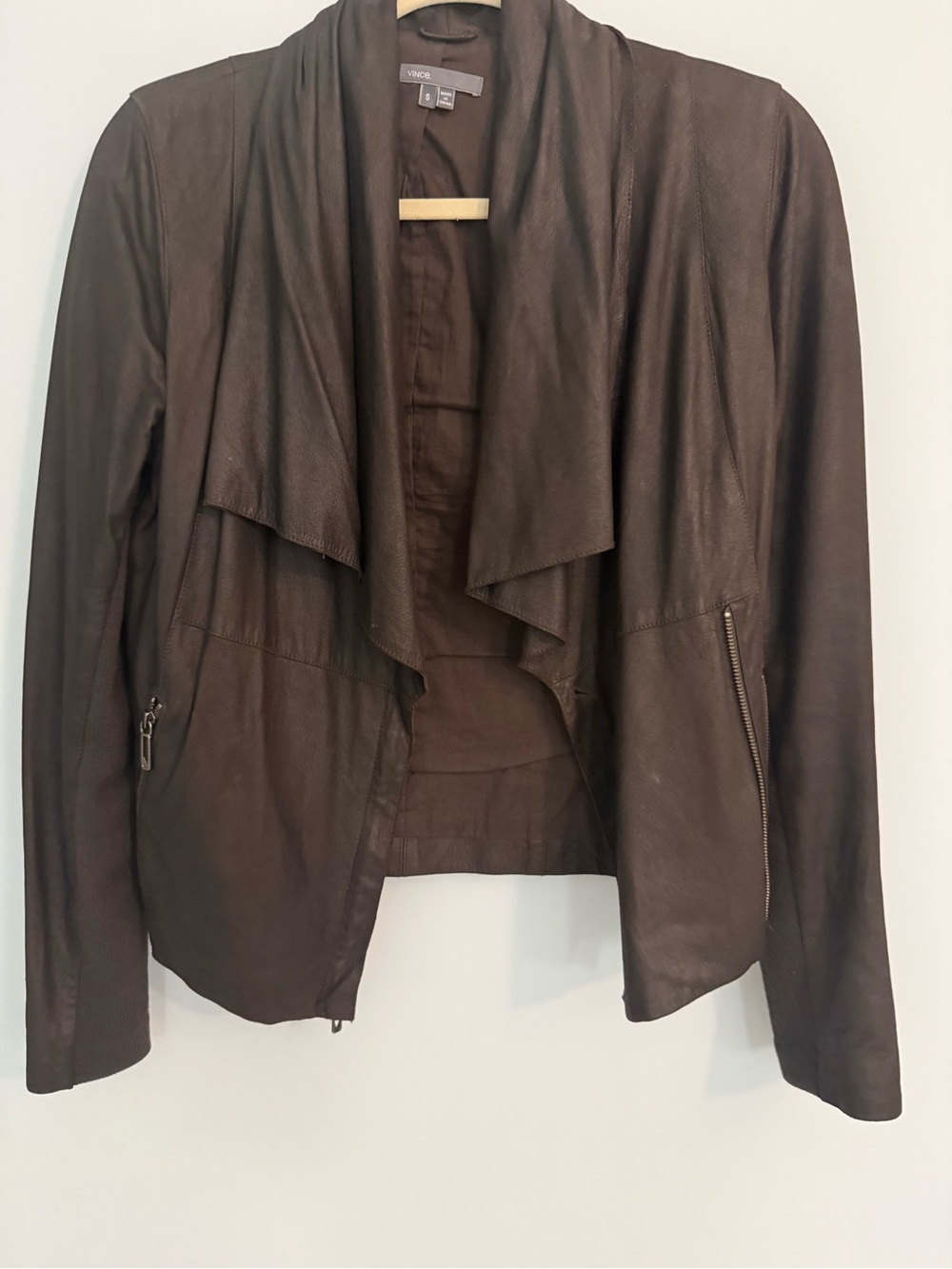 Vince Chocolate Brown Leather Drape-Front Jacket
